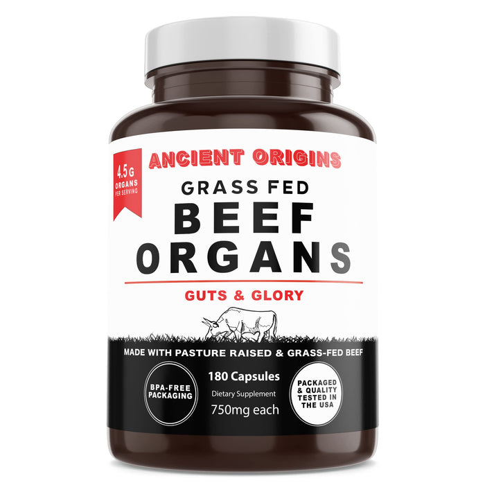 Ancient Origins Grass Fed Beef Organs Supplement 4500mg - Desiccated Liver, Bone Marrow, Heart, Spleen, Pancreas & Kidney, Non-GMO, Gluten Free, Undefatted (180 Capsules, 750mg Each)