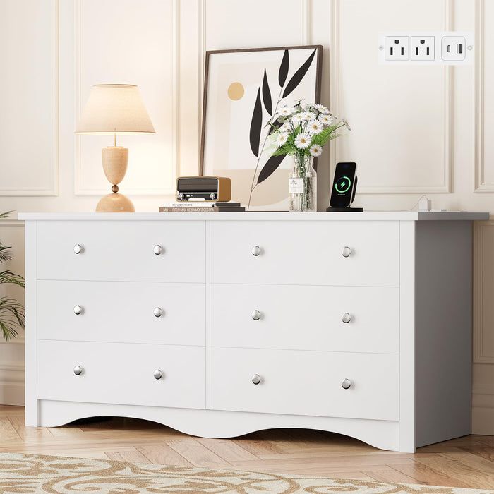 YESHOMY Dresser for Bedroom with Power Outlet,6 Drawers Dresser, Modern Chest of Drawers, Wooden Dressers, TV Stand for Living Room,Closet, Hallway (White)