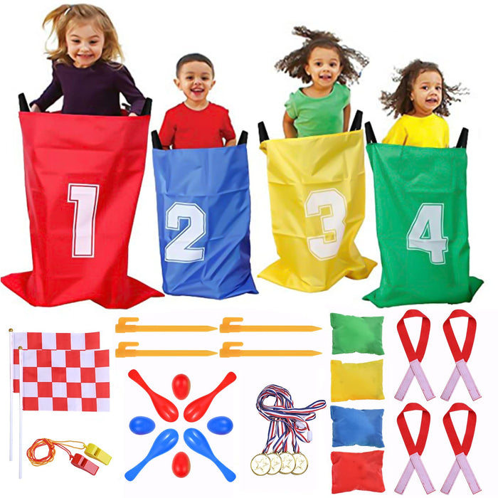 Retros Market 28 Piece Outdoor Games Kit for Kids, Includes Potato Sack Race Bags, Bean Bag Toss, 3 Legged Race Bands, Egg Spoon Relay, for Easter & Birthday Parties (Potato Sack Race Bags)