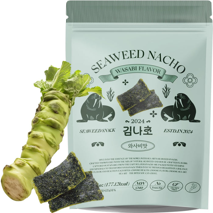 Korean Food SEA*ART Wasabi Flavored Seaweed Snacks – 40g (1.41oz) Zipper Pack – Bold Wasabi Kick, Crispy & All-Natural, Vegan Fusion Gourmet Sea Vegetable Treat, 부각, 김나초