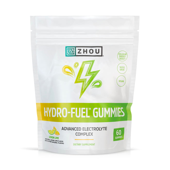 Zhou Hydro-Fuel Gummies - Electrolyte Gummies, Hydration Salt Chews with Sodium, Potassium & Magnesium Chewables, Energy & Endurance for Women & Men - Lemon Lime, 60 Veggie Gummies