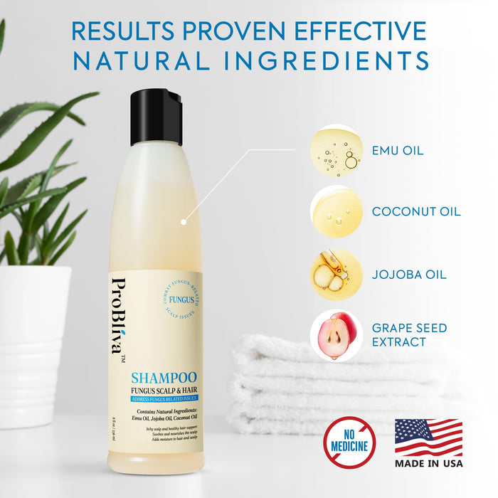 ProBliva Fungus Shampoo for Itchy Scalp and Hair Care - Helps Calm & Soothe Scalp with Natural Ingredients Emu Oil, Jojoba Oil, Coconut Oil