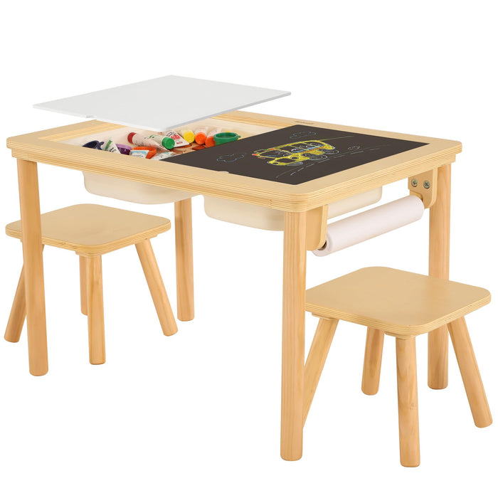 Bateso Sensory Table for Toddlers 1-3 with 2 Chairs & Roll Paper, Wooden Kid Activity Table Chair Set with Double-Sided Boards and 2 Storage Bins for Sand and Water Play
