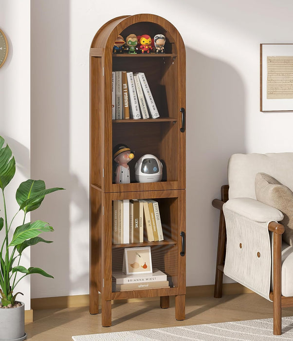 64.17 in Tall Arched Display Cabinet with Acrylic Glass Doors 5-Tier Kitchen Pantry Storage Cabinets Modern Wood Curio Cabinet Bookcase for Living Dining Room (Walnut, 16.92‘’W)
