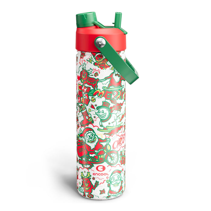 ENCOOL Christmas Insulated Water Bottle with Straw, Stainless Steel Water Bottle, Leak Proof BPA-Free, Keeps Cold for 24 Hours for Sports, Christmas Holiday Gifts for Women, 26 oz, Santa Rider