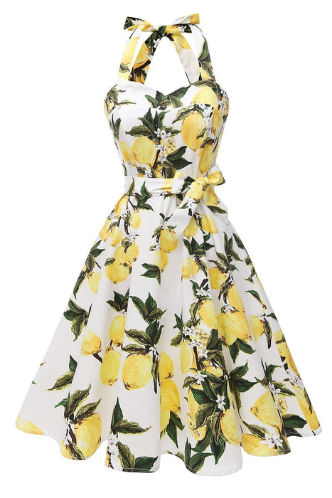 Topdress Women's Vintage Polka Audrey Dress 1950s Halter Retro Cocktail Dress White Lemon 2XL