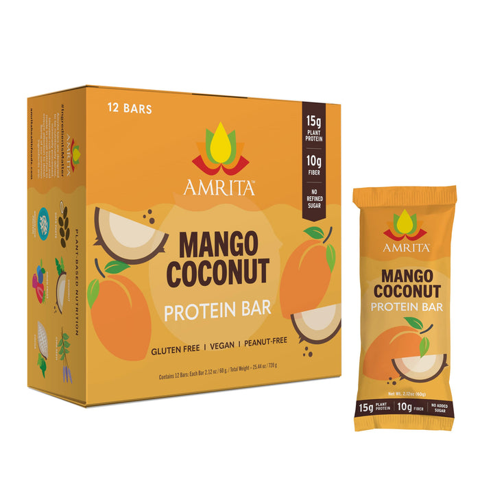 Amrita Nut Free Vegan Protein Bars (12 Count) | Mango Coconut 15g Plant-Based Protein Bar | Peanut-Free, Gluten Free, and Dairy-Free | No Added Sugar, High Fiber, Healthy Snacks for Kids/Adults