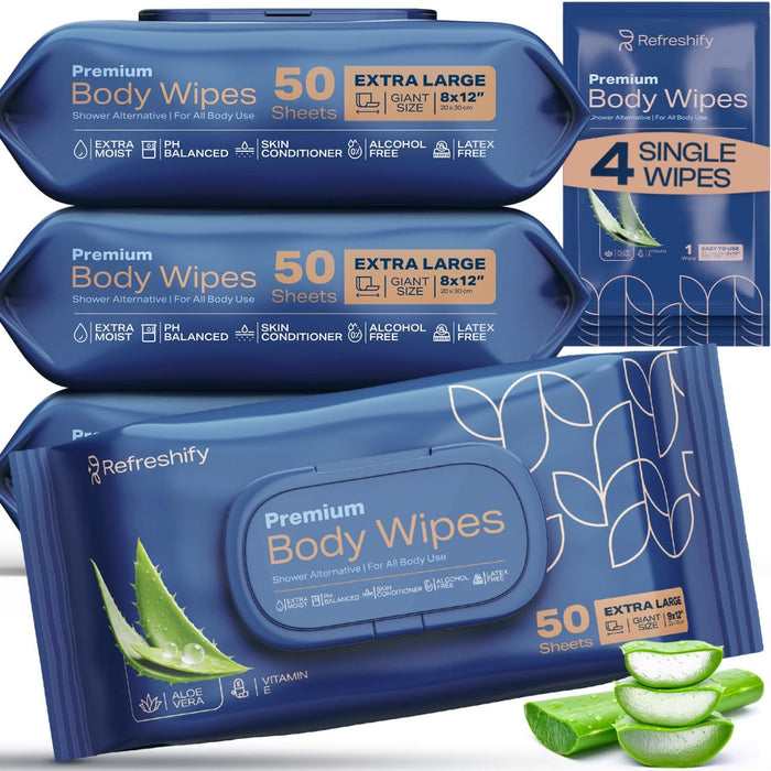 XL Aloe Vera Shower Body Wipes for Adults 8" x 12" (200 count) Adult Wipes for Elderly, Shower Body Wipes for Adults Bathing No Rinse, Vitamin E +4 Travel wipe
