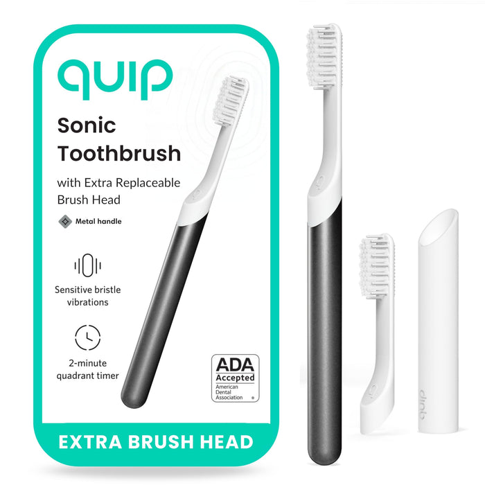 Quip Sonic Toothbrush for Adults with Timer - Includes Extra Brush Head and Travel Cover Mount - Electric, Soft Bristle Refill Head, Metal Handle, 3 Month Battery Life - Travel Toothbrush - Slate