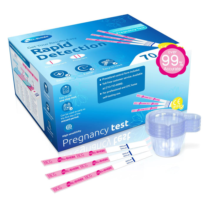 Pregnancy Tests with Cup, HEAL-CHECK Bulk Pregnancy Test Strips for Home Detection, Over 99% Accuracy, Individually Wrapped, 5mm Width HCG Test Kit, Fertility Value Pack, FSA HSA Eligible, 70 Count