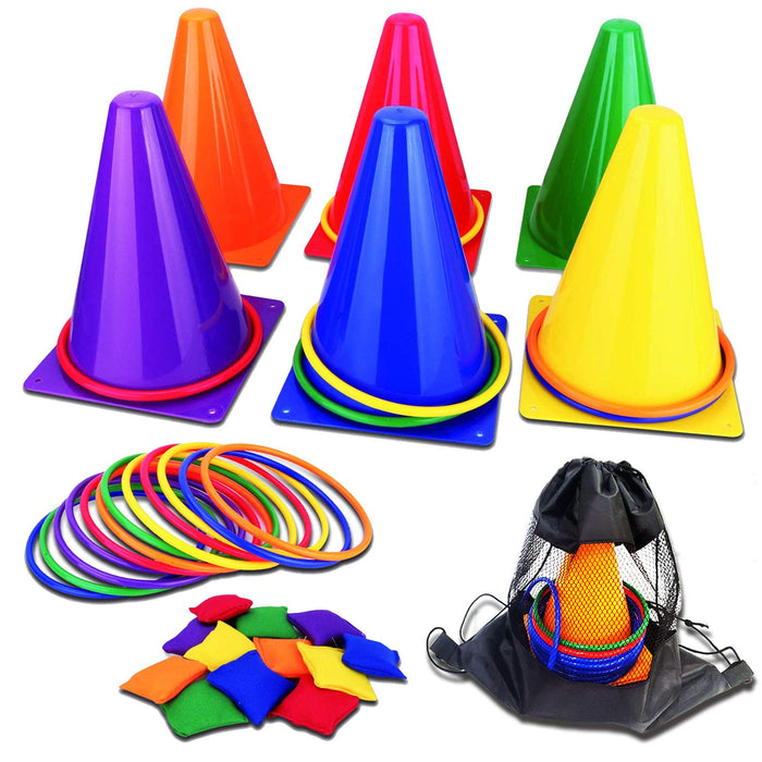 Retros Market 3 in 1 Carnival Outdoor Games Combo Set for Kids, Soft Plastic Cones Bean Bags Ring Toss Game, Gift for Birthday Party/Xmas 31PCS