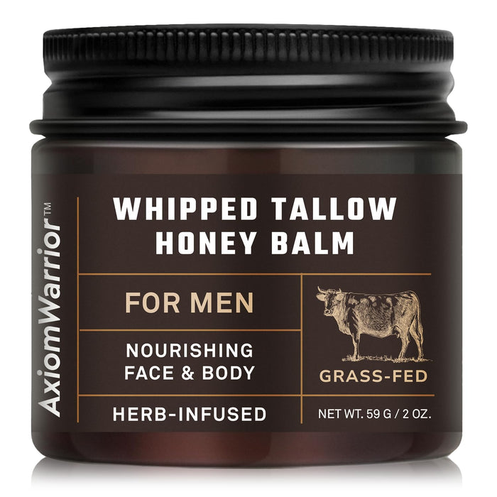 AxiomWarrior Beef Tallow and Honey Balm for Skin: Whipped Organic Beef Tallow Moisturizer Cream for Face & Body with Grass Fed & Finished - Hydrates, Nourishes & Smoothes - Sensitive, Dry Skin - 2oz