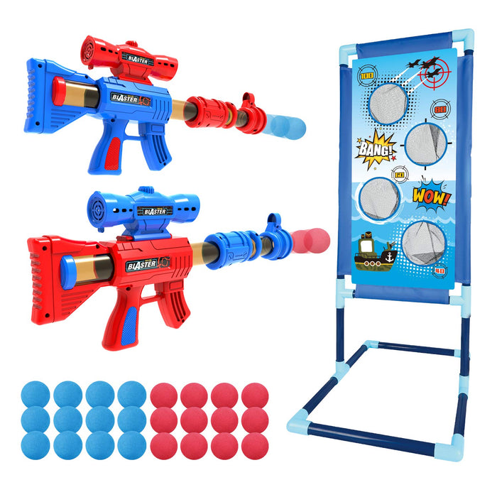Retros Market Shooting Game Toy for Age 6, 7, 8,9,10+ Years Old Kids, Boys - 2pk Air Guns & Shooting Target & 24 Foam Balls - Ideal Gift - Compatible with Toy Guns