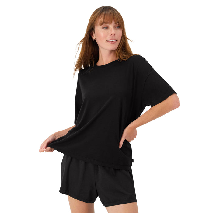 Hanes Women's Originals 2 Piece Lounge, Comfywear Supersoft Boxy T-Shirt & Sleep Shorts Loungewear Set, Black/Black, Large