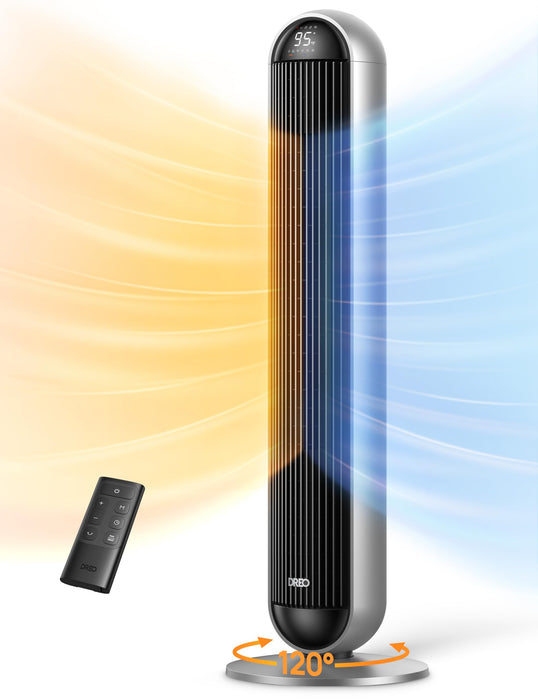 Dreo Tower Fan and Heater Combo, 29.2ft/s Standing Fans for Bedroom, 17 Levels, 6 Modes, 120° Oscillation, 42 Inch, 12H Timer, 25dB Quiet, with Remote, for Office, Large Room, Silver