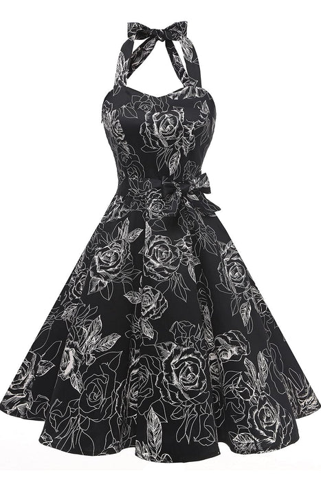 Topdress Women's Vintage Polka Audrey Dress 1950s Halter Retro Cocktail Dress Black White 2XLarge
