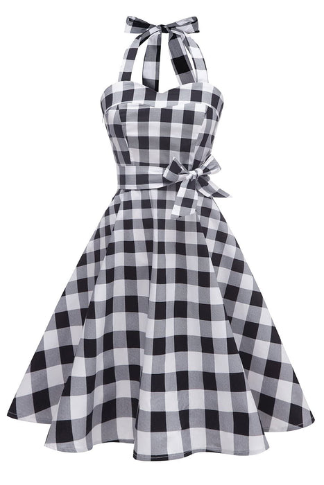 Topdress Women's Vintage Polka Audrey Dress 1950s Halter Retro Cocktail Dress Black White Plaid 2XL