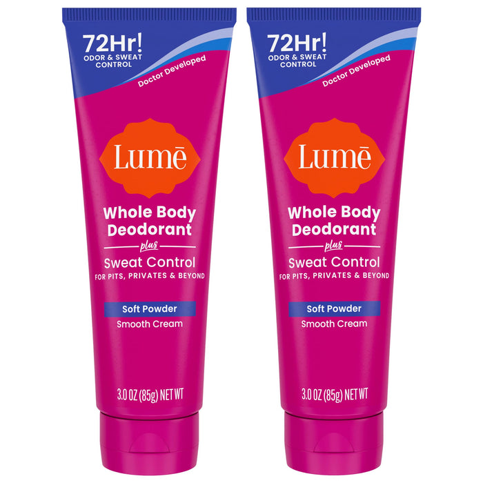 Lume Whole Body Deodorant Plus Sweat Control - Smooth Cream Tube - 72 Hour Odor And Sweat Control - Baking Soda Free, Skin Loving - 3.0 ounce (Pack of 2) (Soft Powder)