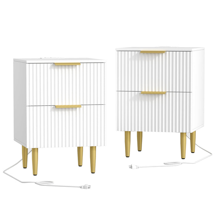 Akxomel White Nightstand Set of 2, Fluted Night Stand with Charging Station, 13.8" D x 15" W x 23.2" H, 2 Drawers Modern Bedside Table with USB Ports and Outlets, Golden Side Table for Bedroom