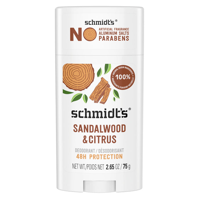 Schmidt's Aluminum-Free Vegan Deodorant Sandalwood & Citrus for Women and Men, with 24 Hour Odor Protection, Natural Ingredients, Cruelty-Free, 2.65 oz