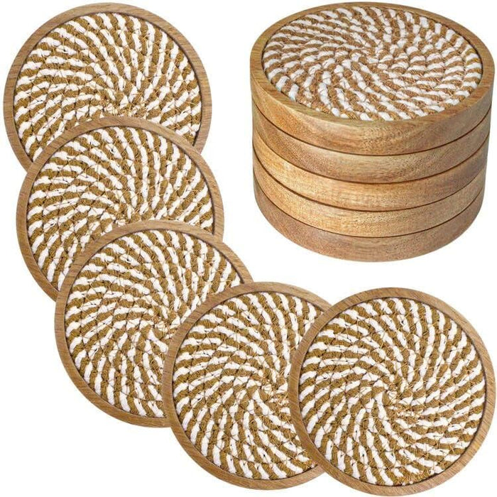 5 Pack Coasters for Drinks Absorbent, 4.3 inches Woven Coasters for Coffee Tables, Wooden Drink Coasters for Table Protection, Reusable Drink Coasters for Kitchen, Farmhouse, Bar, Office, Brown