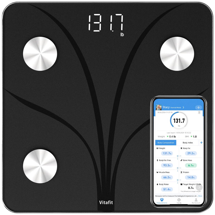 Vitafit Smart Bathroom Scale Body Weight, High Accuracy Assured by Weight Scale Professional Factory Since 2001, App Sync 13 Body Composition Including BMI, Body Fat and Muscle, 400lb, LED, Black