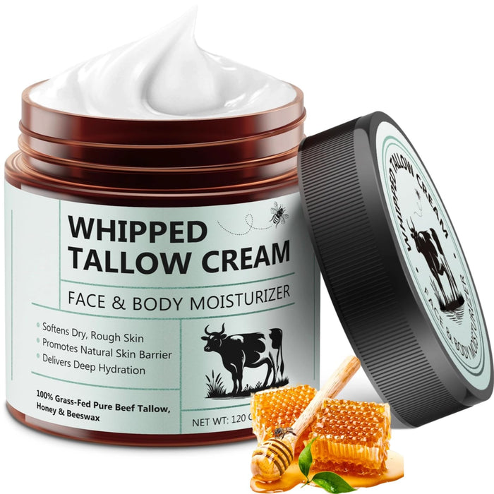 laraspi Beef Tallow for Skin, Beef Tallow Moisturizer, 4.2 oz Organic Whipped Grass Fed Beef Tallow with Honey Cream for Face & Body, Unscented