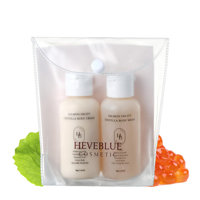 HEVEBLUE Salmon Fruity Centella Body Travel Kit - Body Cream & Body Wash Set, Gift Set, Sensitive Skin, Korean Bodycare, Hypoallergenic, Allergen-free Fragrance, Salmon PDRN, K-Beauty