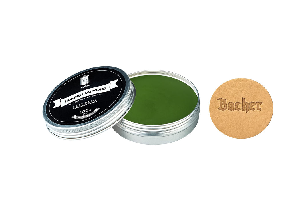 BACHER Polishing Compound - Very Fine Green Stropping Compound - Leather Strop Sharpening Buffing Compound with applicator – 100g (3.53 Oz)