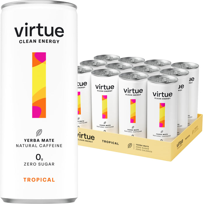 Virtue Yerba Mate, Tropical - Natural Energy Drink - Sugar Free, Clean Energy, 8.4 oz (Pack of 12)