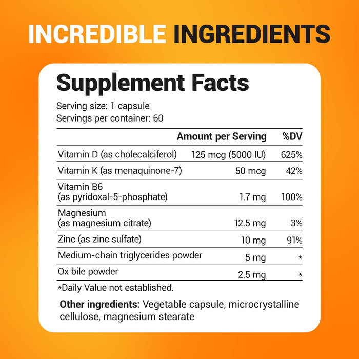 Dr. Berg D3 K2 Vitamin 5000 IU w/MCT Powder - Includes 50 mcg MK7 Vitamin K2, Purified Bile Salts, Zinc & Magnesium for Ultimate Absorption - K2 D3 Vitamin Supplement - 60 Capsules