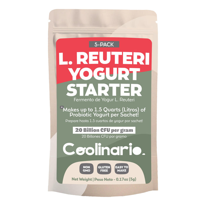 Coolinario L Reuteri Yogurt Starter (5-Pack, 1g Sachets) Yogurt Starter Culture with Lactobacillus Reuteri Probiotics | Creamy & Delicious | Non-GMO, No Preservatives, Gluten Free, Halal, Kosher