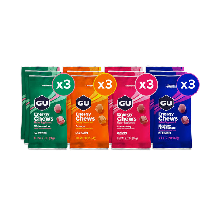 GU Energy Chews, Variety Pack Energy Gummies with Electrolytes, Vegan, Gluten-Free, Kosher, Caffeine/Caffeine-Free, and Dairy-Free On-The-Go Energy for Any Workout, 12 Bags (24 Servings Total)