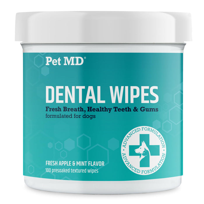 Pet MD Dog Breath Freshener Dental Wipes for Dogs - Tartar and Plaque Remover for Teeth Cleaning - Fresh Apple & Mint Scent Bad Breath Treatment for Dogs - 100 Count