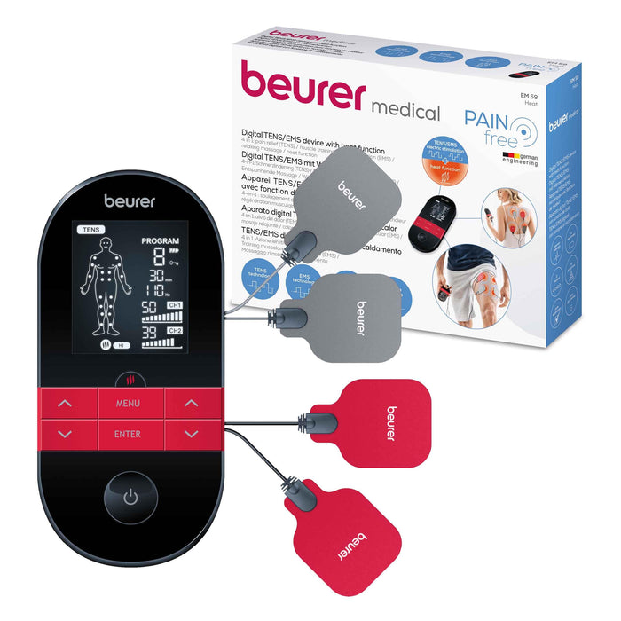 Beurer EM59 Digital 4-in-1 TENS, EMS, Massage & Heat Therapy Device for Pain Relief and Massage, Muscle Stimulator with 2 Adjustable Channels, 64 Applications, Timer Function