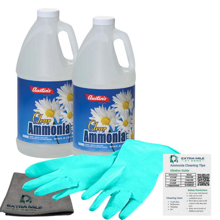 Austin's Extra Mile at Home Clear Ammonia Cleaning Kit – 2 x 64oz Bottles with Gloves, Microfiber Cloth & Usage Guide – Odor Neutralizer, Degreaser & Laundry Booster