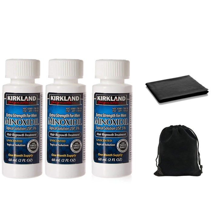 Minoxidil for Men 5% Topical Solution Extra Strength Hair Regrowth Treatment, Dropper Applicator Not Included, Clear, Includes MicroFiber Cleaning Cloths and Traveling Pouch (3 Month Supply)