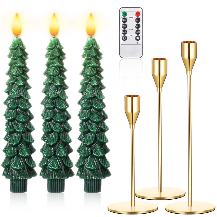 Honoson 3 Sets Flameless Christmas Tree Taper Candles with Holders Remote Control, LED Taper Candles AAA Battery Operated Flickering Candlesticks for Window Fireplace (Gold,Classic Style)