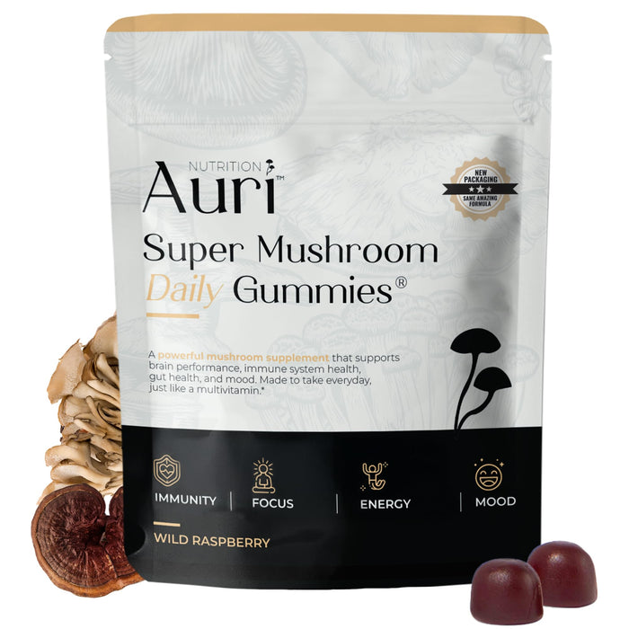 Auri Super Mushroom Daily Gummies - All-in-One Daily Mushroom Supplement Gummy - 12 Mushroom Blend with Chaga, Lions Mane, Reishi, Cordyceps - 60 Gummies