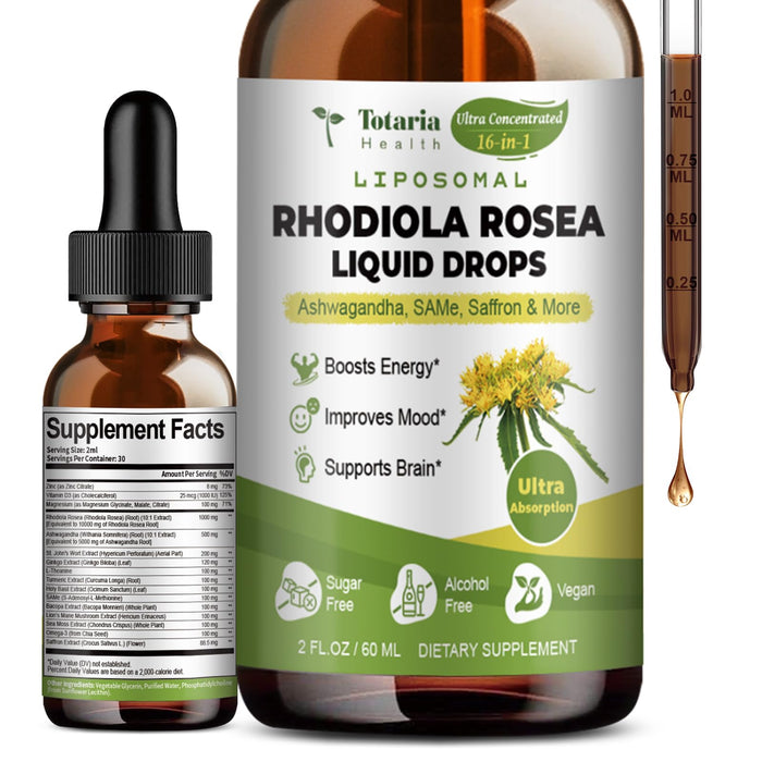 16-in-1 Liposomal Rhodiola Rosea Tincture, Ultra Strength Rhodiola Supplement w/Ashwagandha, Saffron, Magnesium, SAM-e, Rhodiola Rosea Extract Liquid Drops for Natural Relaxation, Mood, Energy