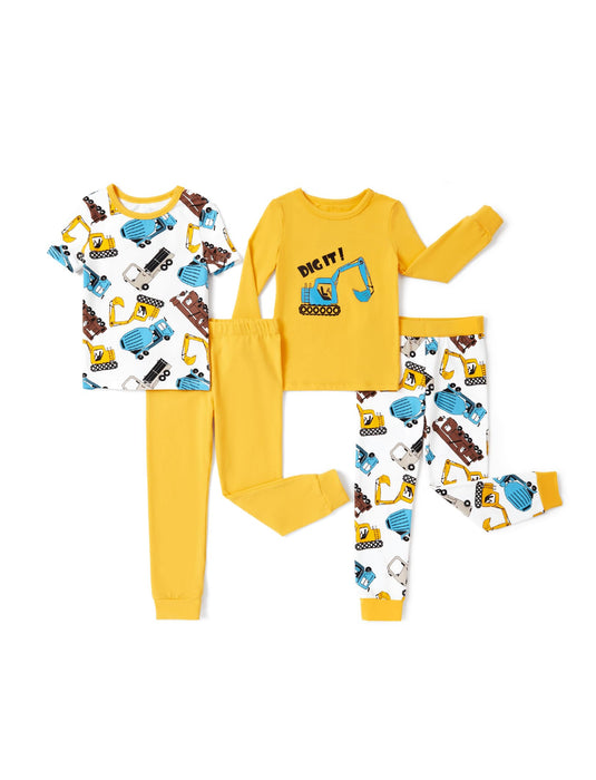 PATPAT 4-Pieces Baby Boys Pajama Sets with Organic Cotton, Snug fit Pjs for Toddler Kids, Supersoft & Stretchy Sleeper, Dig N Load, 3T