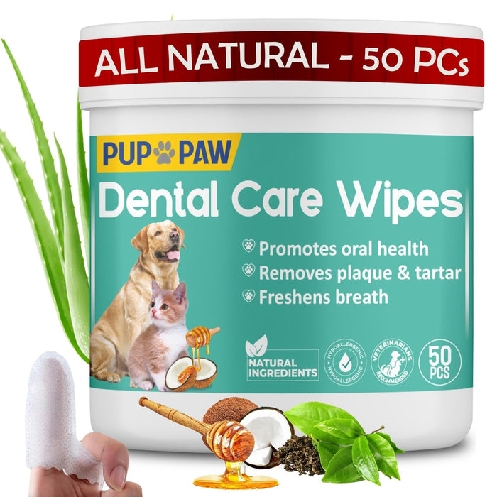 Premium Dog Teeth Cleaning Wipes - All Natural Dog Toothbrush & Tooth Brushing Kit - Pet Dental Finger Wipes for Cats & Dogs - Freshens Breath, Reduces Tartar & Plaque - Disposable Finger Wipes (50)