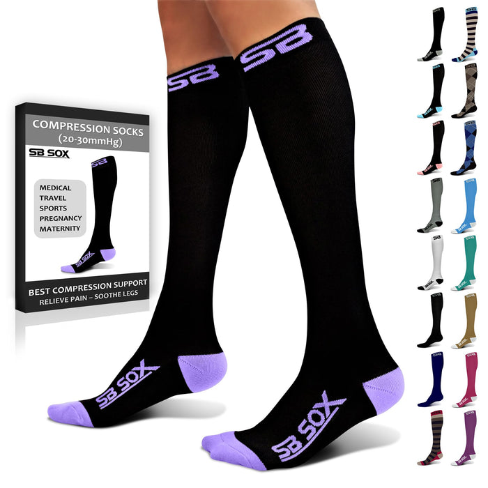 SB SOX Compression Socks for Men & Women (20-30 mmHg) - Best Support Stockings for Travel, Medical, and Sports - Perfect for Everyday Wear (Large, Black/Purple)