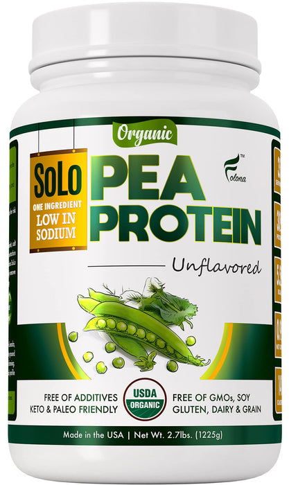 SOLO Organic Pea Protein Isolate, Low in Sodium, Canada Grown Peas, 100% Vegan, Non-GMO, Unflavored Plant Based Protein Powder with BCAA, Keto & Paleo Friendly, Easy to Digest, No Additives (2.7 lbs)