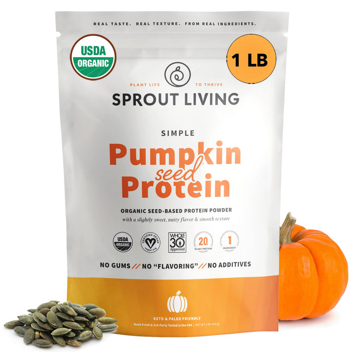 Sprout Living Simple Pumpkin Seed Protein Powder, 20 Grams Organic Plant Based Protein Powder Without Artificial Sweeteners, Non Dairy, Non-GMO, Vegan, Gluten Free, Keto Drink Mix (1 Pound)