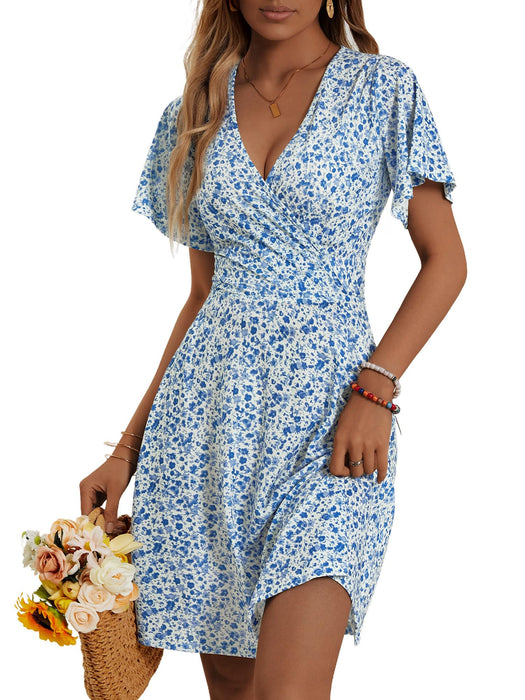 FENSACE Womens Summer Outfits V Neck Petite Country Concert Brunch Dress(White Blue Floral-63,Small)