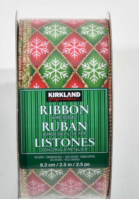 Snowflakes on Red and Green Diamonds Gold Wired Edge Premium Holiday Tree Decorating Bow Gift Wrapping Ribbon 2.5" Wide by 50 Yards