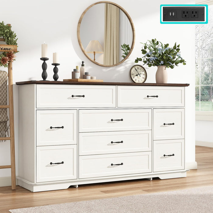 Farmhouse 9 Drawer Dresser for Bedroom,63” Wood Dresser & Chest of Drawers with Power Outlets,Large & Wide Dressers for Bedroom,Tall Storage Dresser Organizer(White)