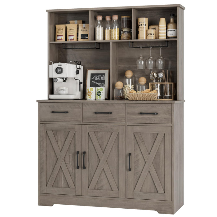 HOSTACK Buffet Cabinet with Hutch, Modern Farmhouse Kitchen Buffet Sideboard Storage with 3 Drawers, Barn Door Coffee Bar Station, Liquor Cabinet for Dining Room, Living Room, Ash Grey