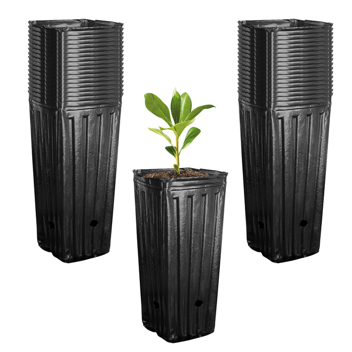 RunNico 50pcs Plastic Deep Plant Nursery Pots, 9.8”Tall Tree Pots,Black Deep Seedling Container Pots with Drainage Holes for Indoor Outdoor Gardening (4.7" Wx9.8 H)